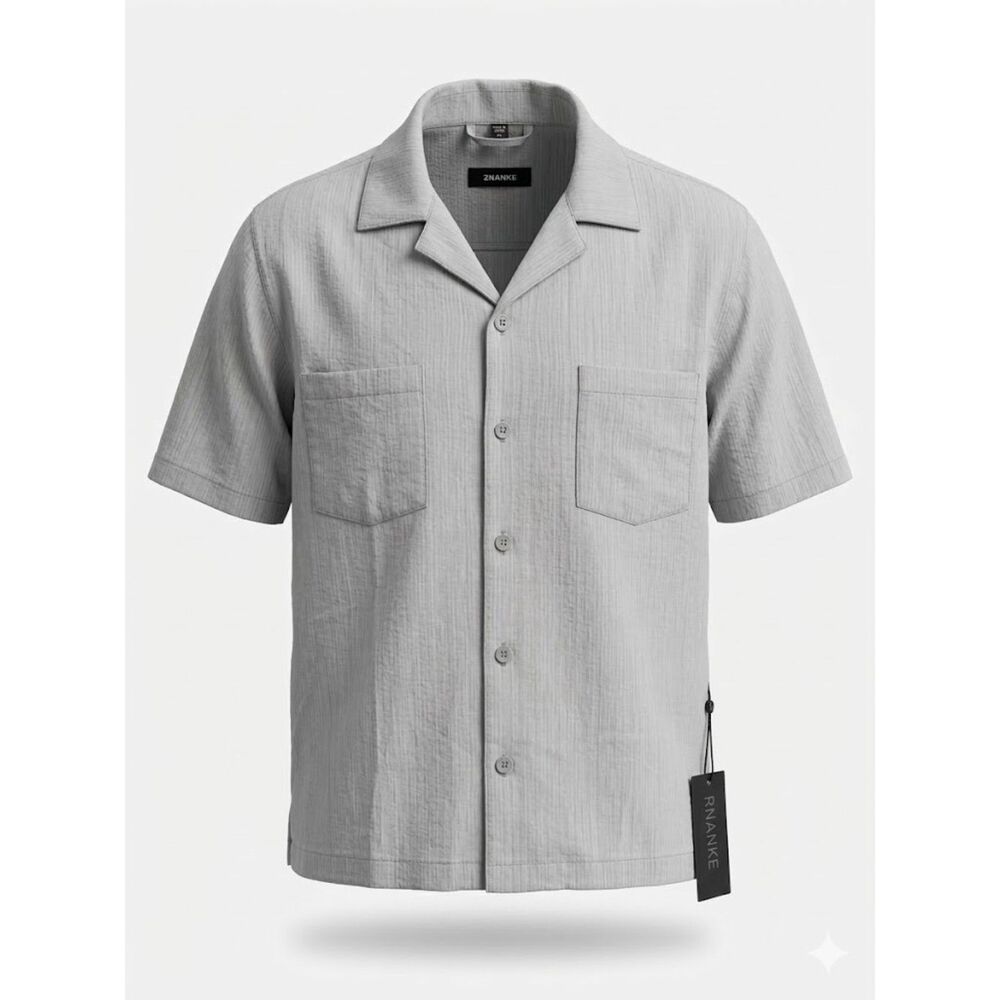 Ananke Grey Short Sleeve Button Down Shirt XL Cropped Cuban Camp Collar NEW